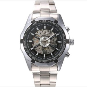 Winner Men Stainless Waterproof Wrist Watch - Silver with Black Face
